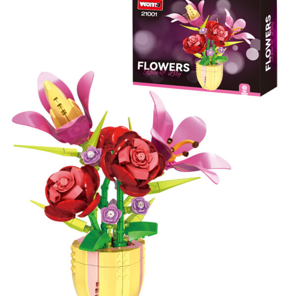 Комплект конструктор , рози, лилии и минзухари в жълта ваза