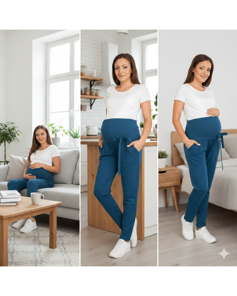 spodnie-ciazowe-dresowe-lena-kokarda Спортен панталон за бременни с висока платка за корема и коланче Светлосин - Image 1