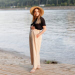 Панталон за бременни с коланче , бежово , лека лятна материя