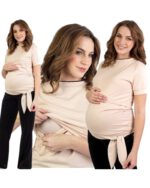 Тениска за бременни и кърмачки  , памучна с декорация, бежова - Image 2