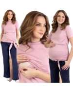 Тениска за бременни и кърмачки  , памучна с декорация , пудра