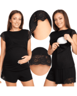 Пижама за бременни и кърмачки с дантела - шорти и блузка за кърмене Ella черна