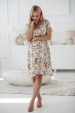 Рокля за бременни и кърмещи, къс ръкав, кремава, флорален принт
