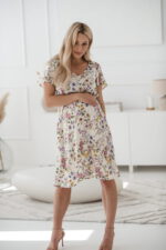 Рокля за бременни и кърмещи, къс ръкав, кремава, флорален принт - Image 3