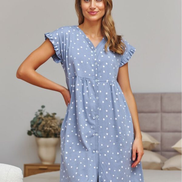 Нощница за бременни и кърмачки 100%памук , копчета , бебешко синя , звезди