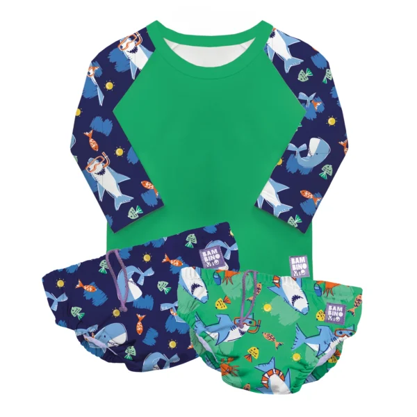 Плажен сет 3 части блуза  и  2 памперсa бански Bambino Mio с UPF 40+  6-12m Ocean
